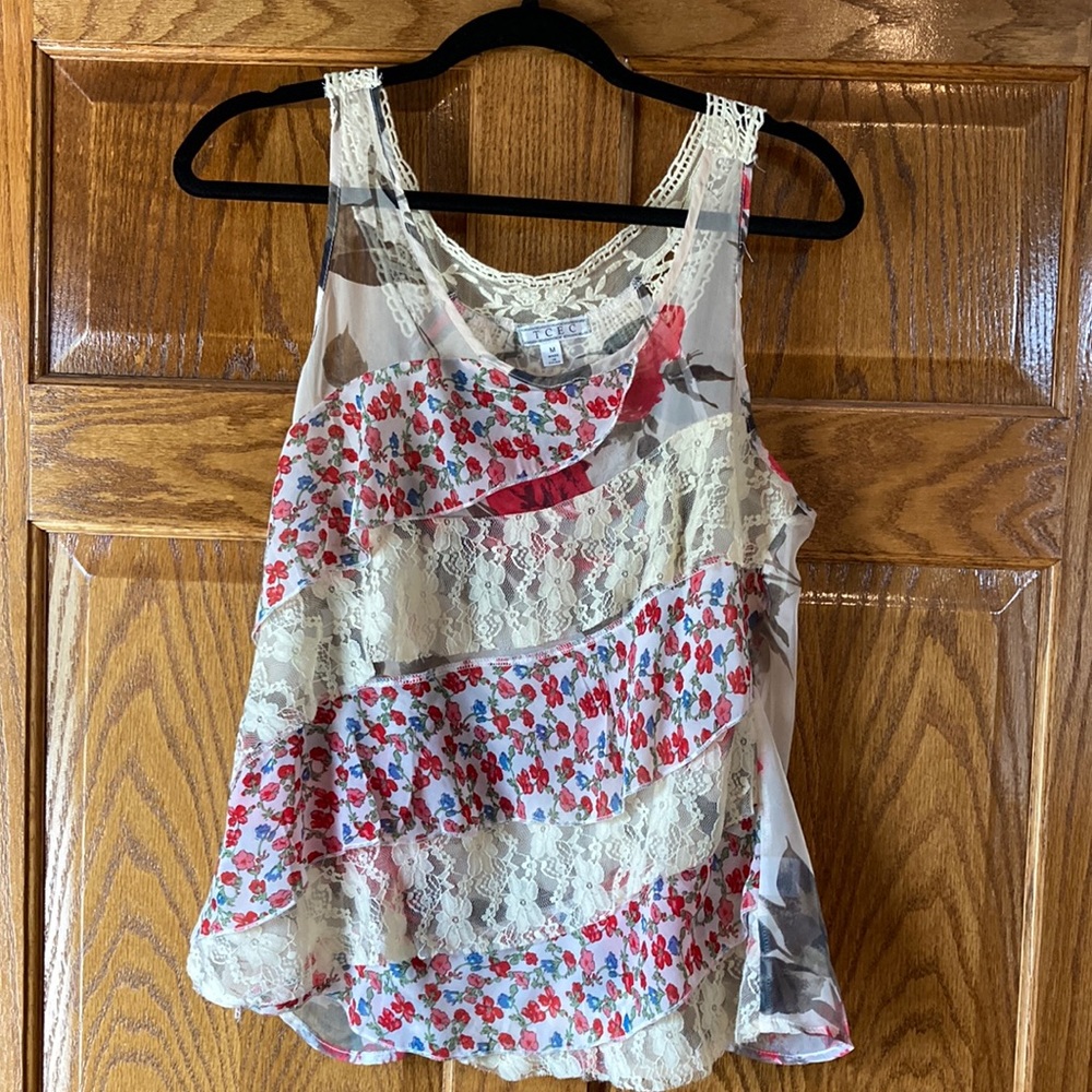 Tiered lace and sheer tank top